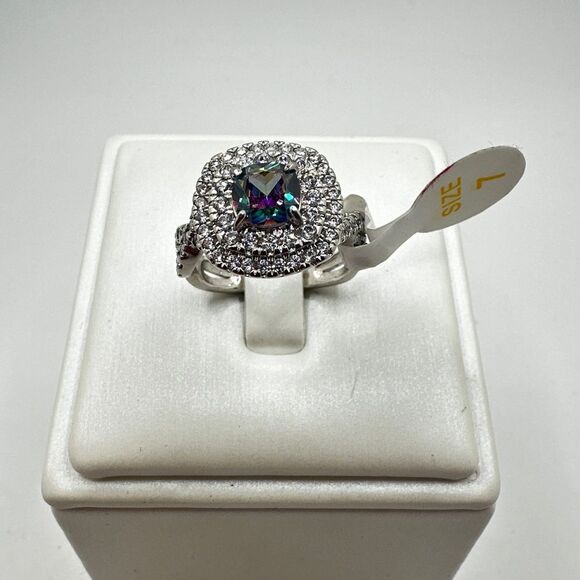 NWT Bomb Party, cushion cut "mystic topaz" ring w/ double halo of cz diamonds! - Picture 1 of 10